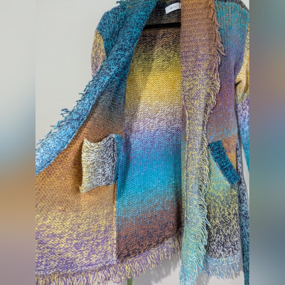 Anthropologie Greylin Oversized Rainbow Knit Fringe Open Front Wrap Sweater S - Picture 11 of 16
